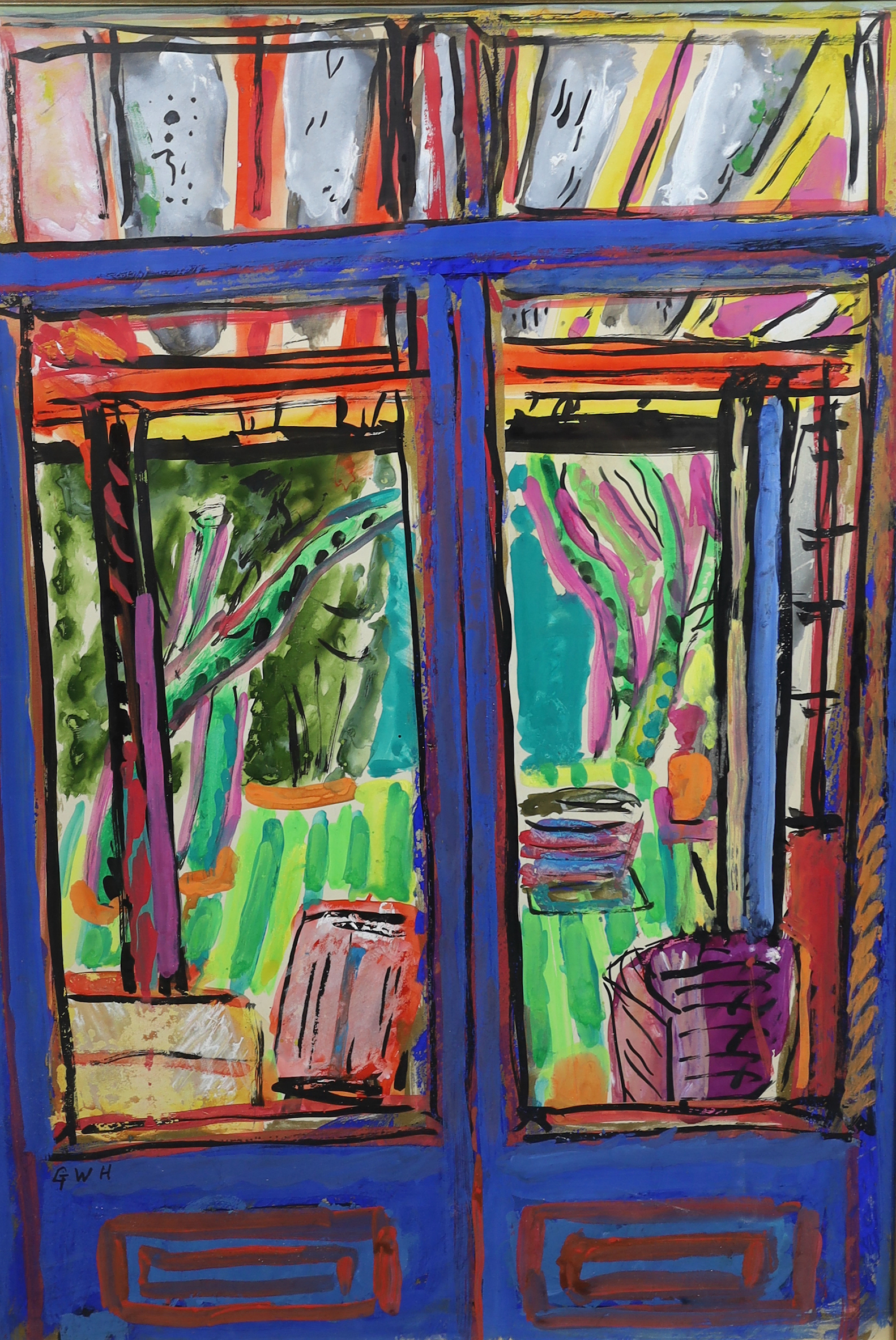 George Hooper (British, 1910-1994), Garden viewed through French doors, watercolour and gouache, 78 x 53cm